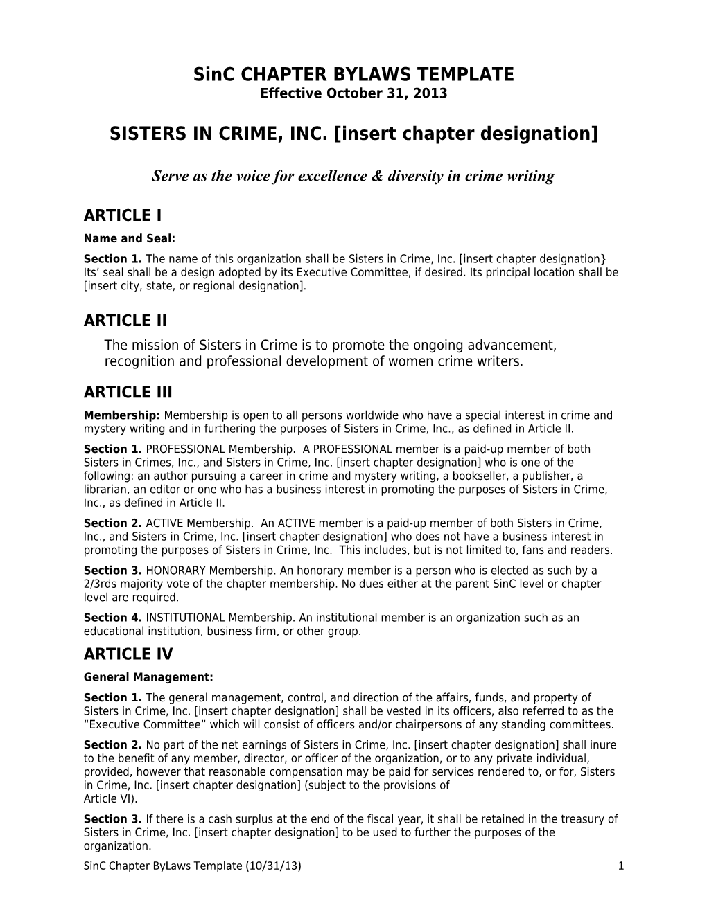 Sinc CHAPTER BYLAWS TEMPLATE