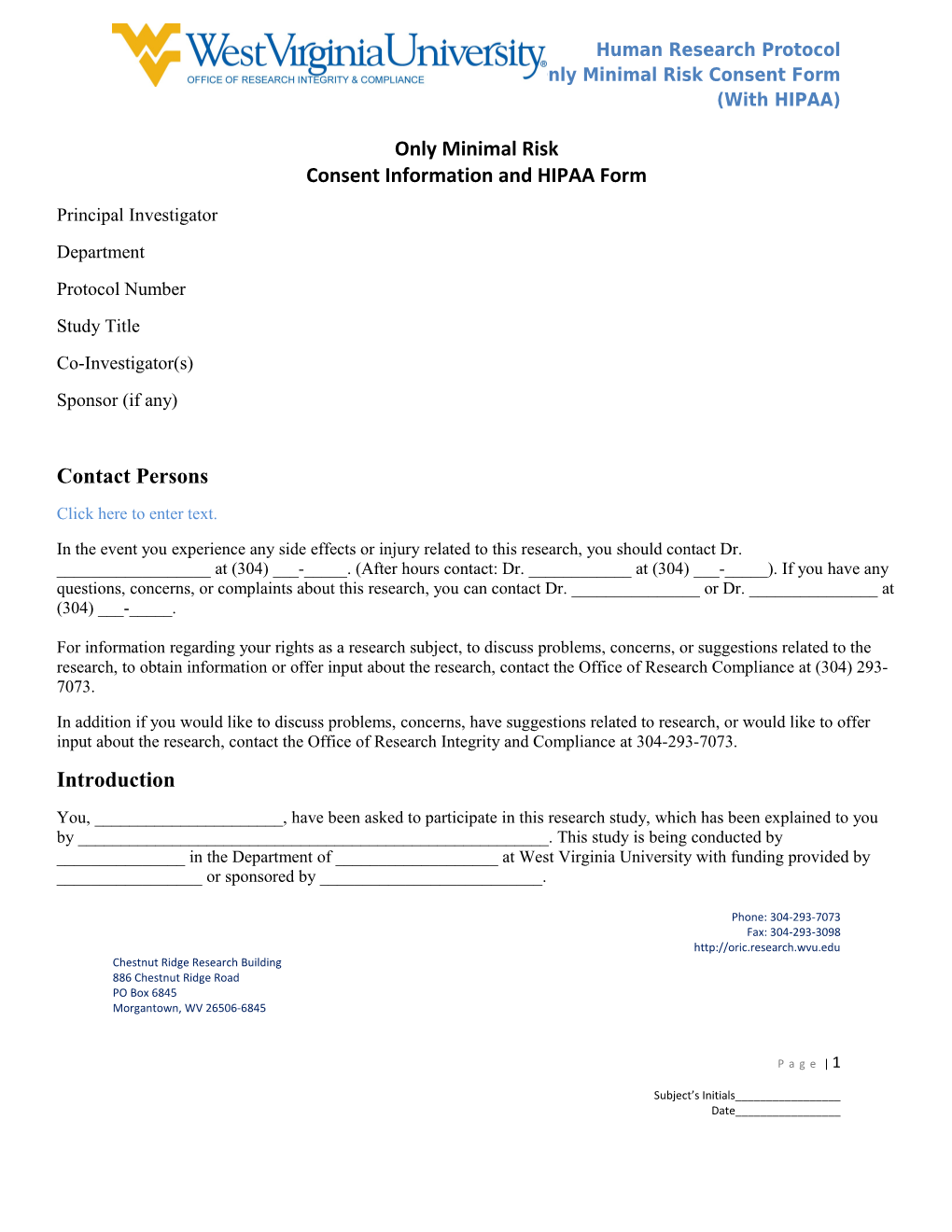 Human Research Protocolonly Minimal Risk Consent Form(With HIPAA)
