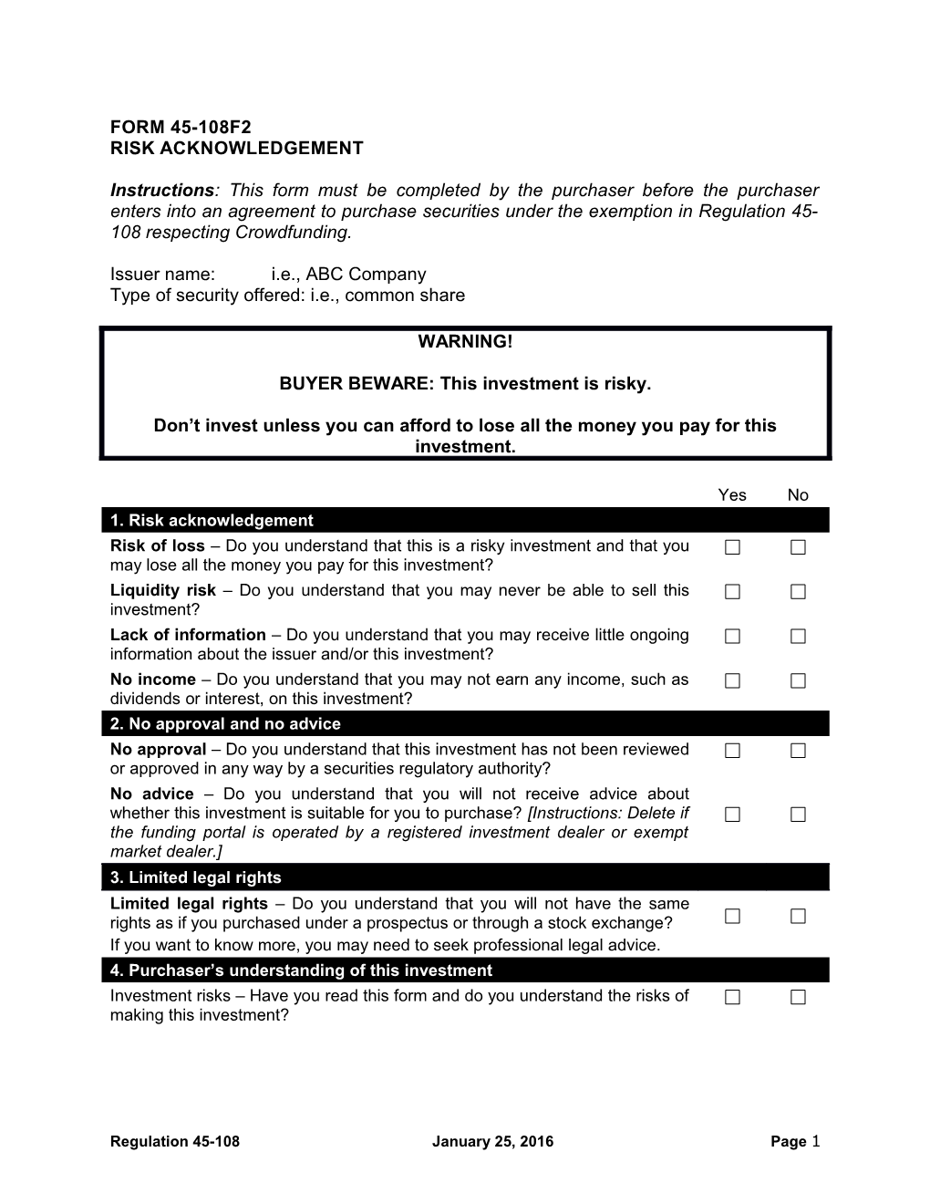 FORM 45-108F2 Risk Acknowledgement