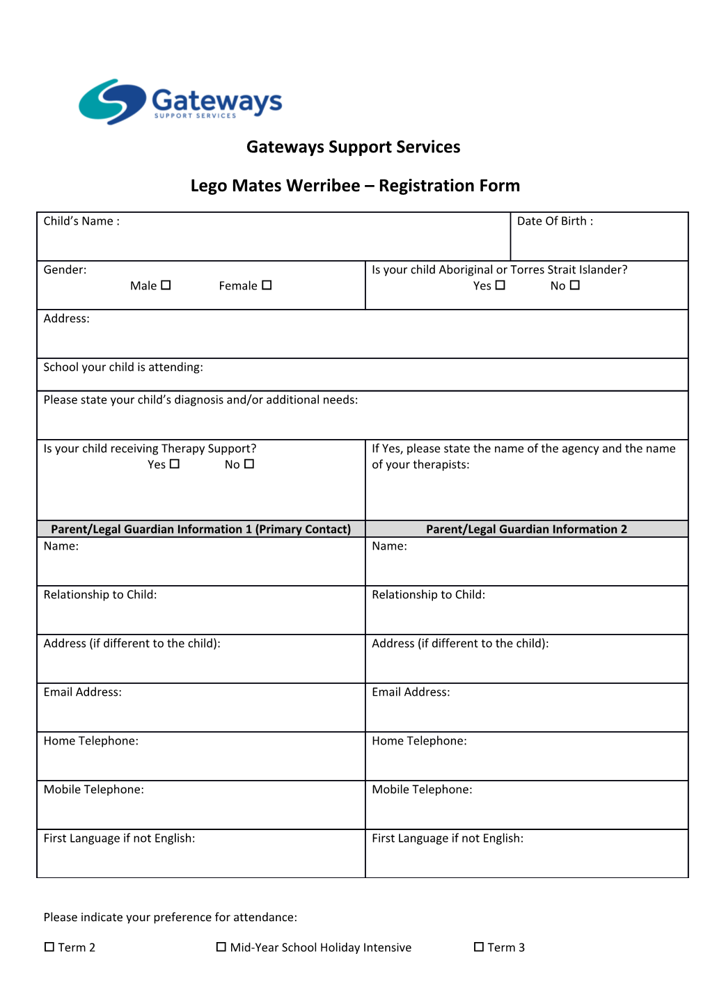 Lego Mates Werribee Registration Form