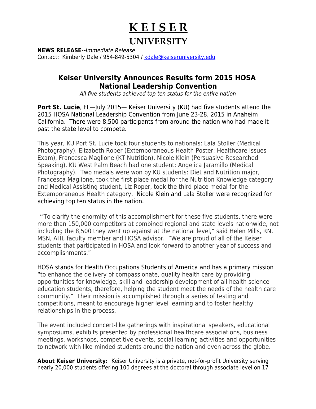 Keiser University Announces Results Form 2015 HOSA