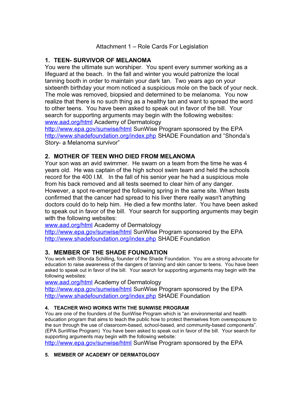 Attachment 1 Role Cards for Legislation