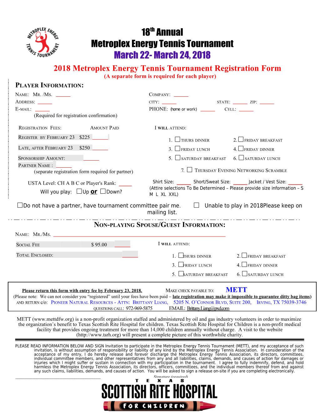 2018 Metroplex Energy Tennis Tournament Registration Form