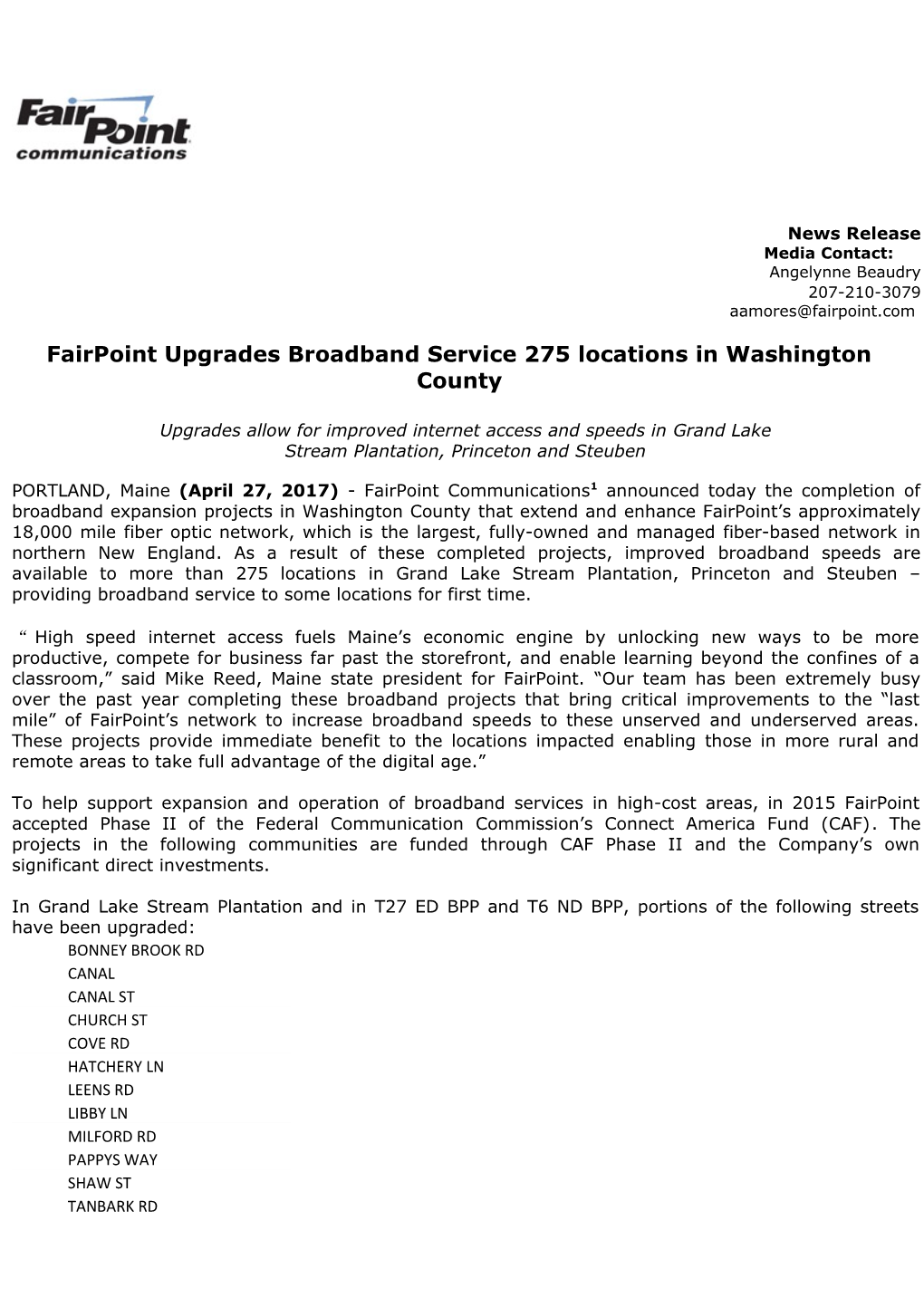 Fairpoint Upgrades Broadband Service 275 Locations in Washington County