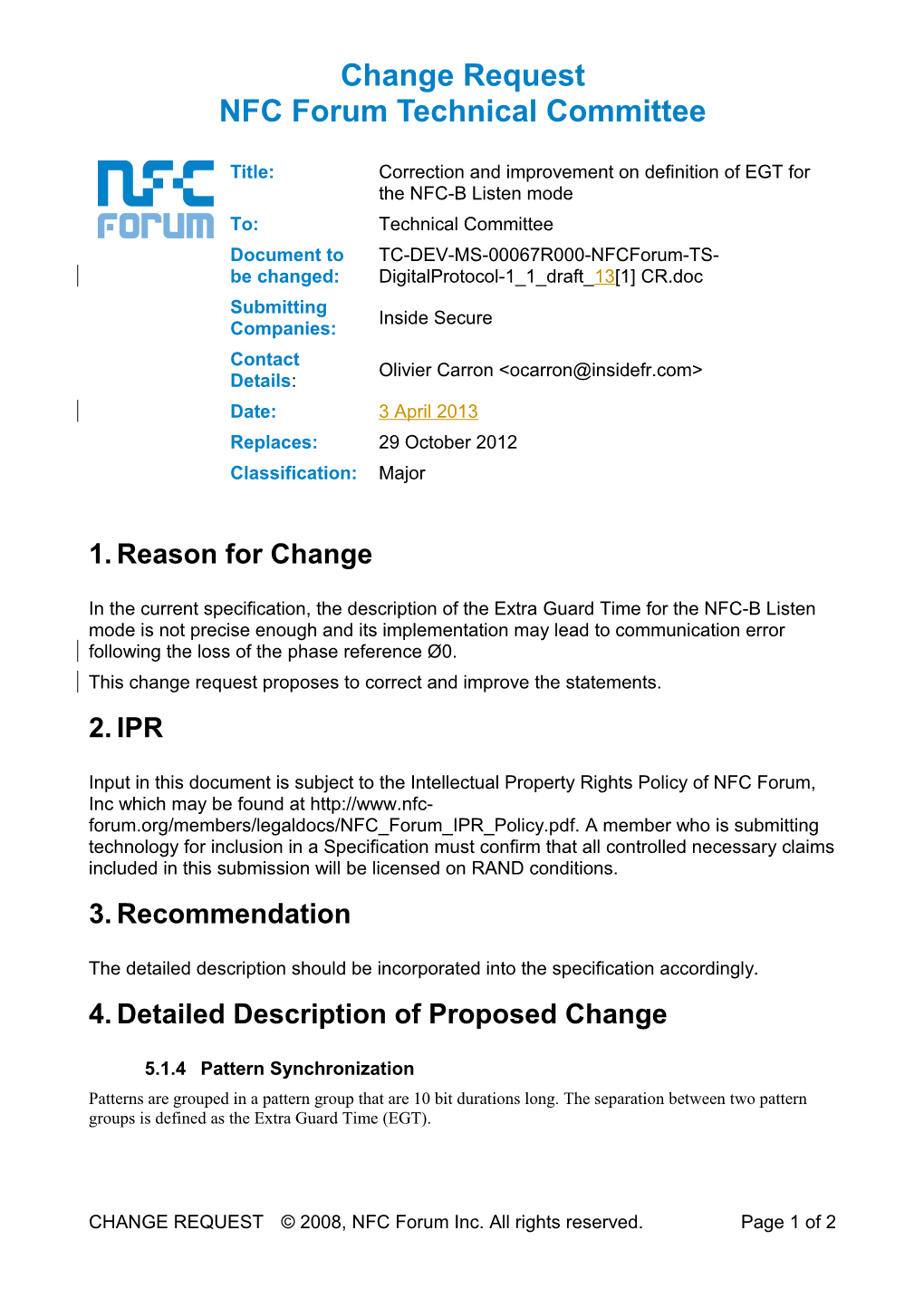 Change Request NFC Forum Technical Committee