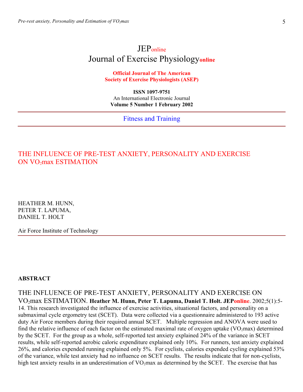 Pre-Rest Anxiety, Personality and Estim Ation of Vo2max