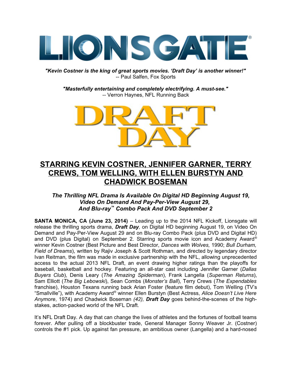 Kevin Costner Is the King of Great Sports Movies. Draft Day Is Another Winner!