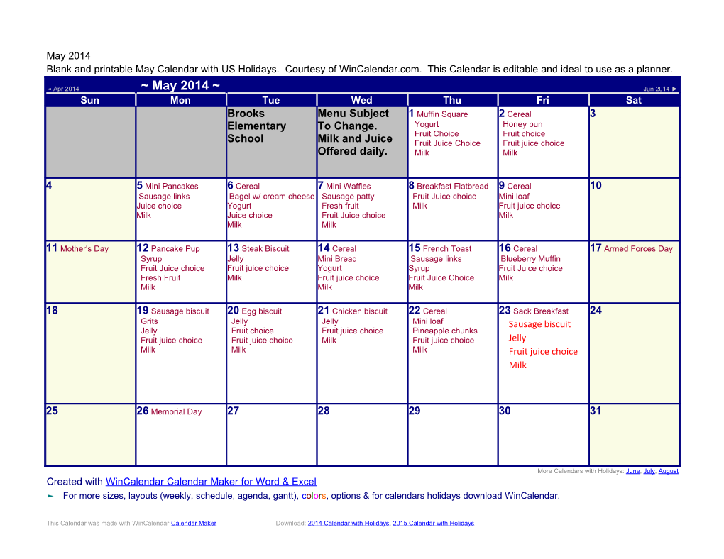 May Calendar with US Holidays2014