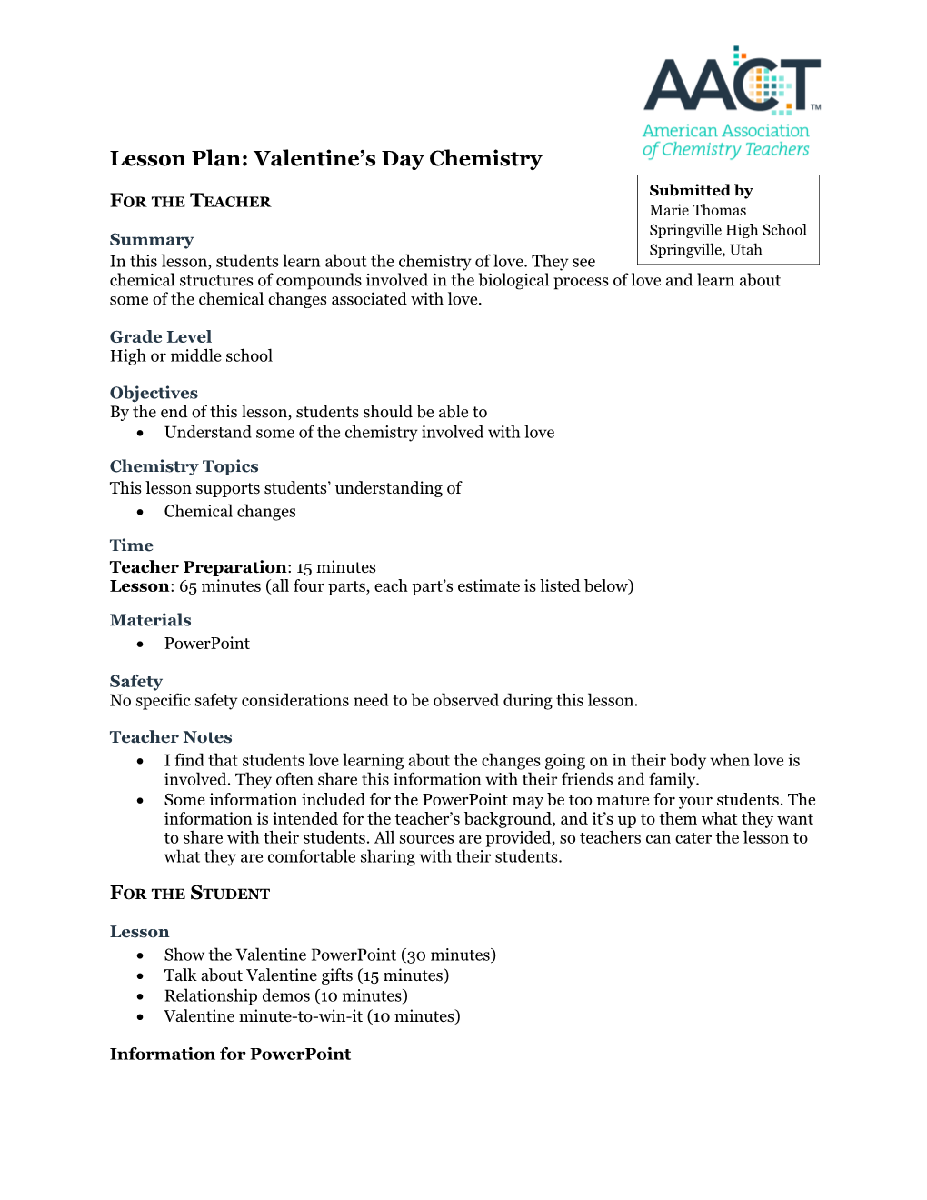 Lesson Plan: Valentine S Day Chemistry