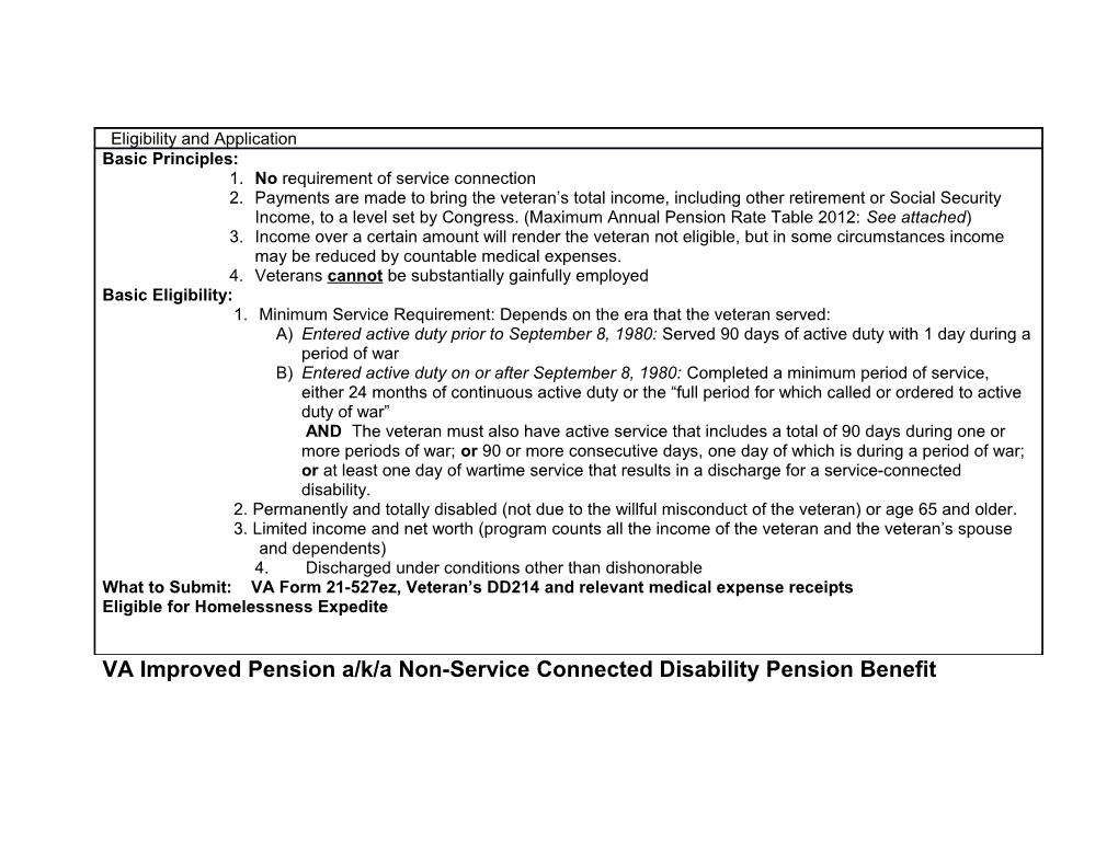 VA Improved Pension A/K/A Non-Service Connected Disability Pension Benefit