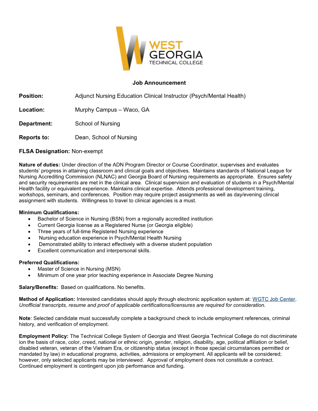 Position: Adjunct Nursing Education Clinical Instructor (Psych/Mental Health)