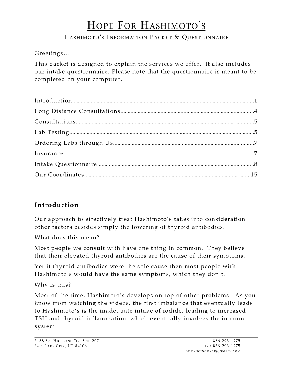 Hashimoto S Information Packet & Questionnaire