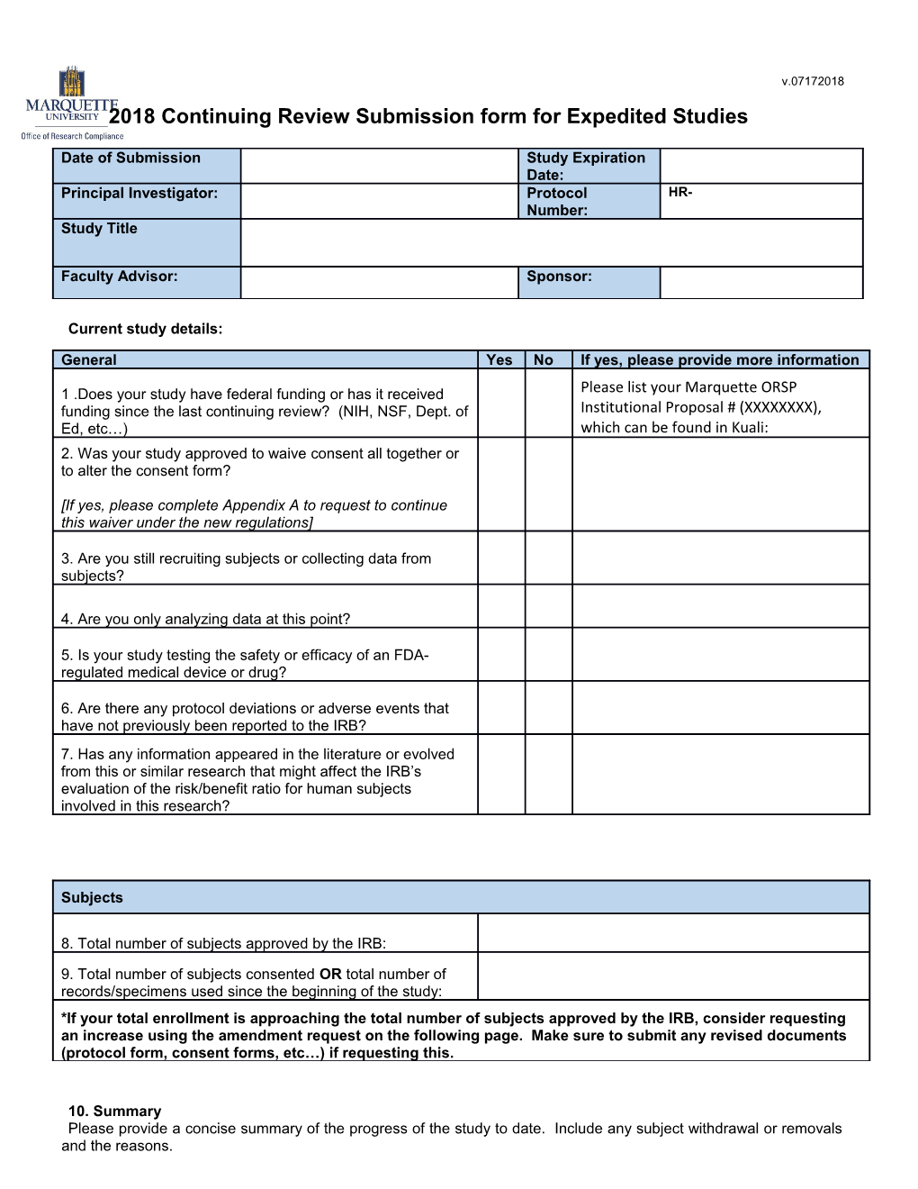 2018 Continuing Review Submission Form for Expedited Studies