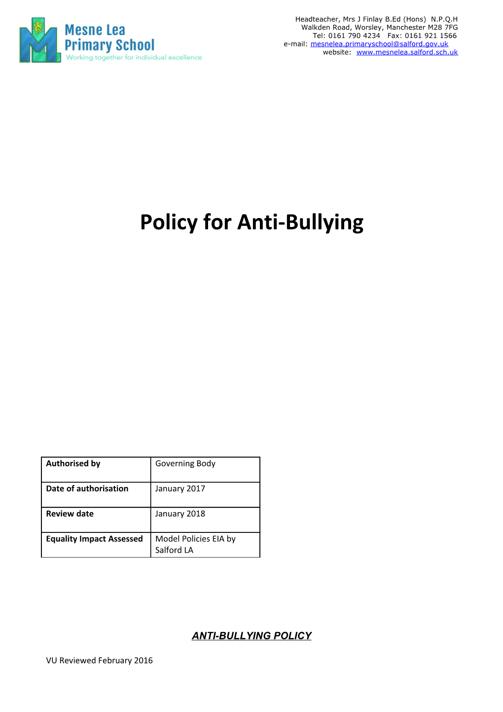 Policy for Anti-Bullying
