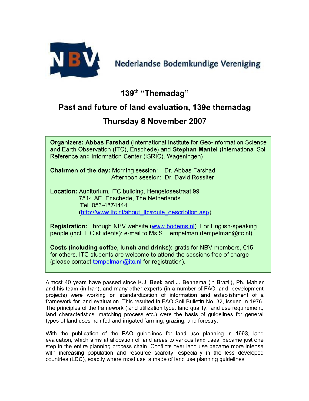 Past and Future of Land Evaluation, 139E Themadag