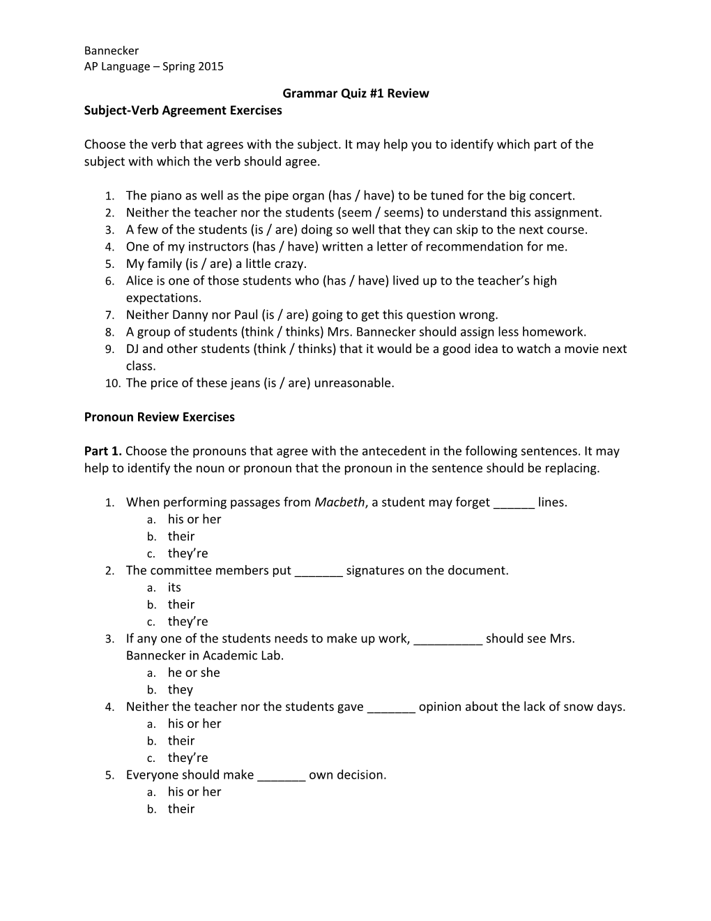 Subject-Verb Agreement Exercises