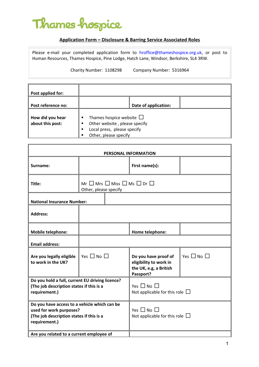 Application Form Disclosure & Barring Service Associated Roles