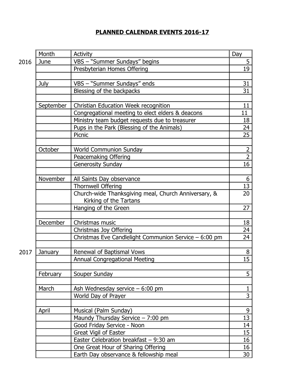 Planned Calendar Events for Grace Presbyterian Church