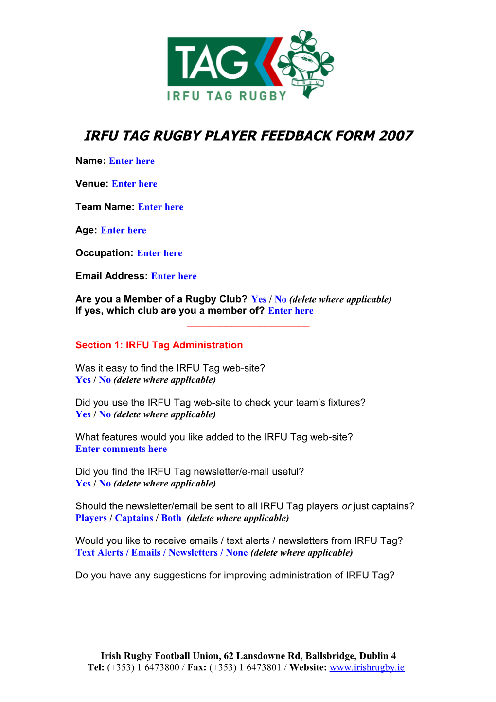 Irfu Tag Rugby Survey August 2007