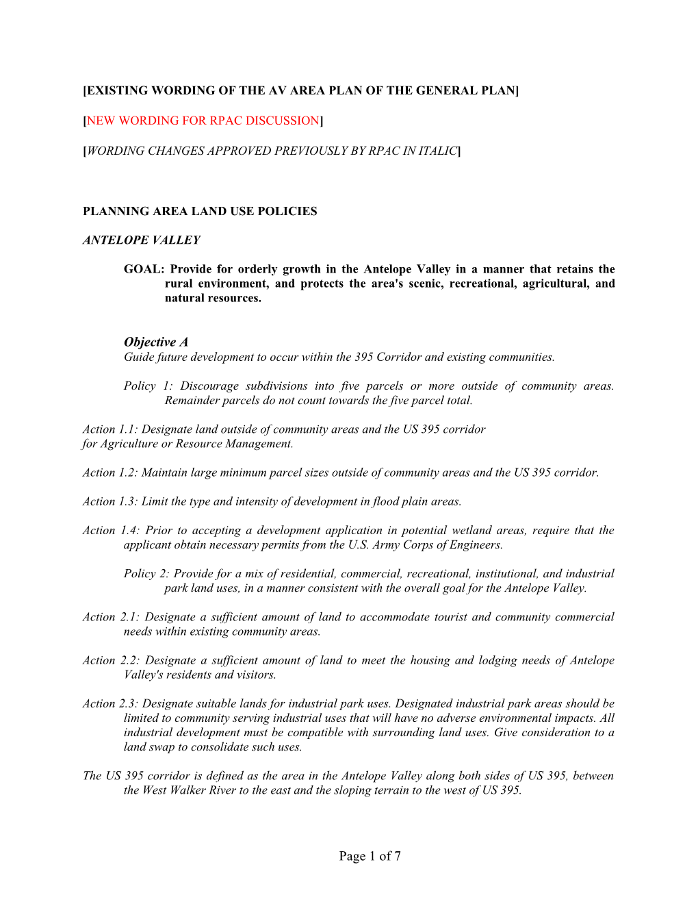 EXISTING WORDING of the AV Area Plan of the General Plan