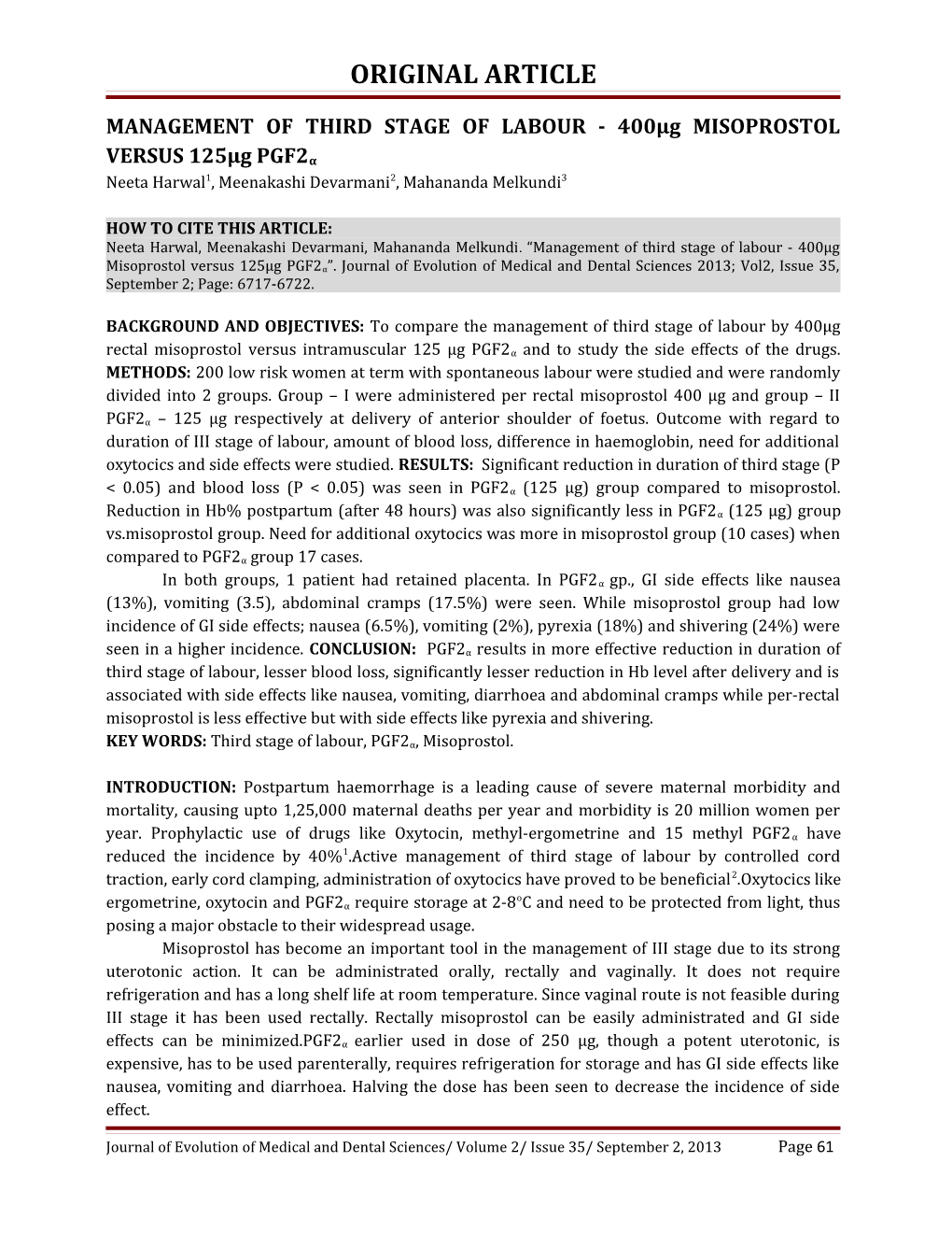 MANAGEMENT of THIRD STAGE of LABOUR - 400Μg MISOPROSTOL VERSUS 125Μg Pgf2α