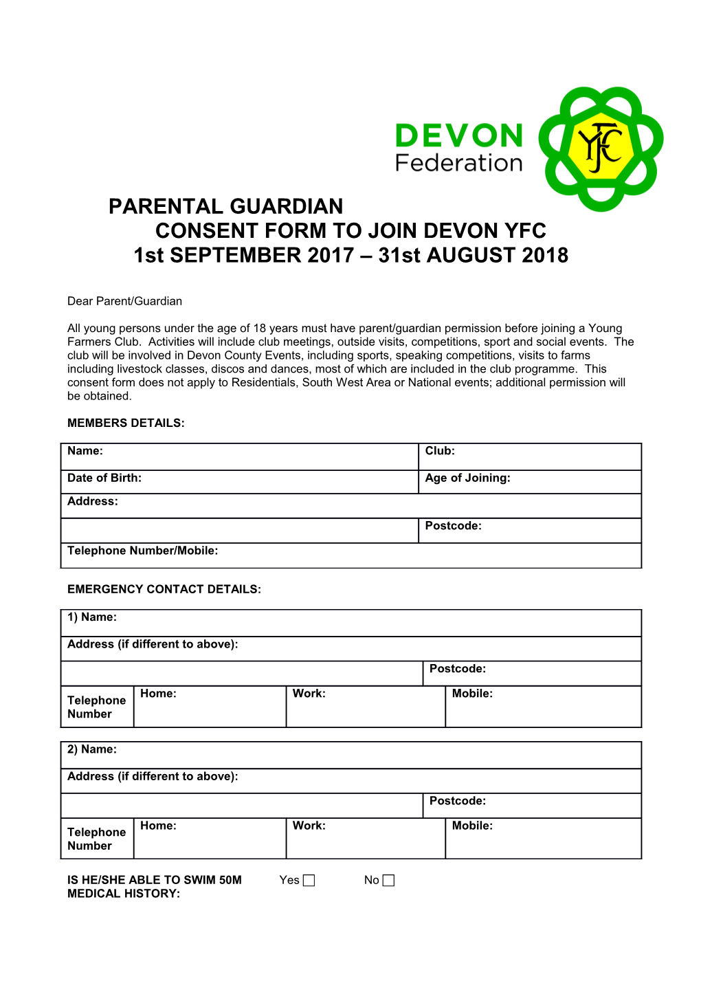 Parental Guardian Consent Form to Join Devon Yfc
