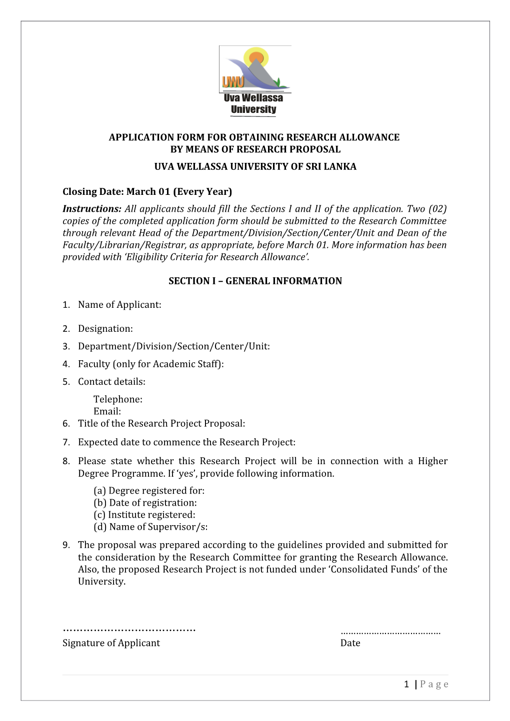 Application Form for Obtaining Research Allowance