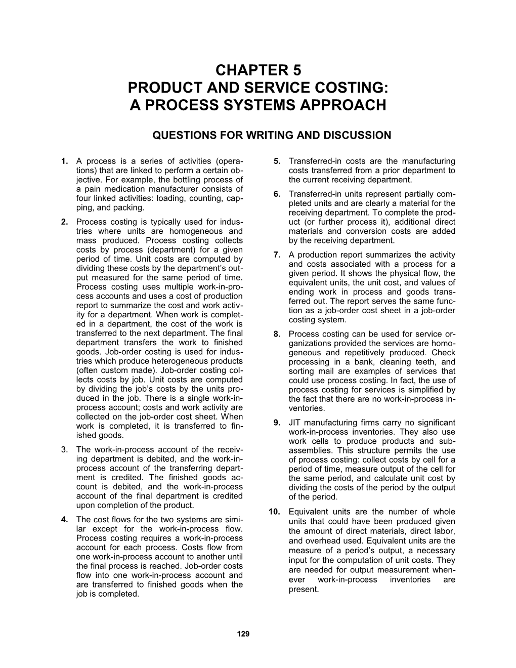 Chapter 5: Product and Service Costing; a Process Systems Approach