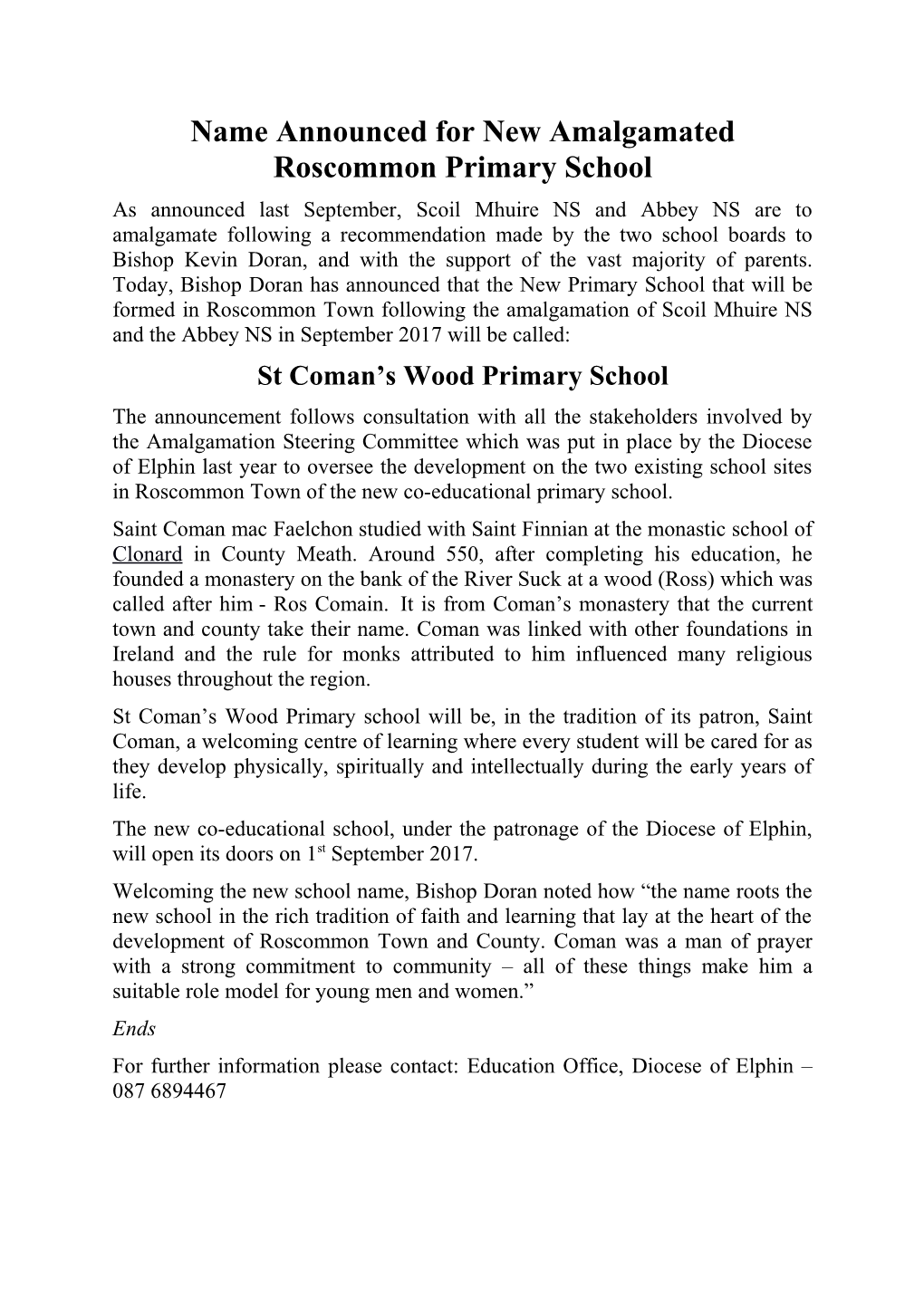 Name Announced for New Amalgamated Roscommon Primary School