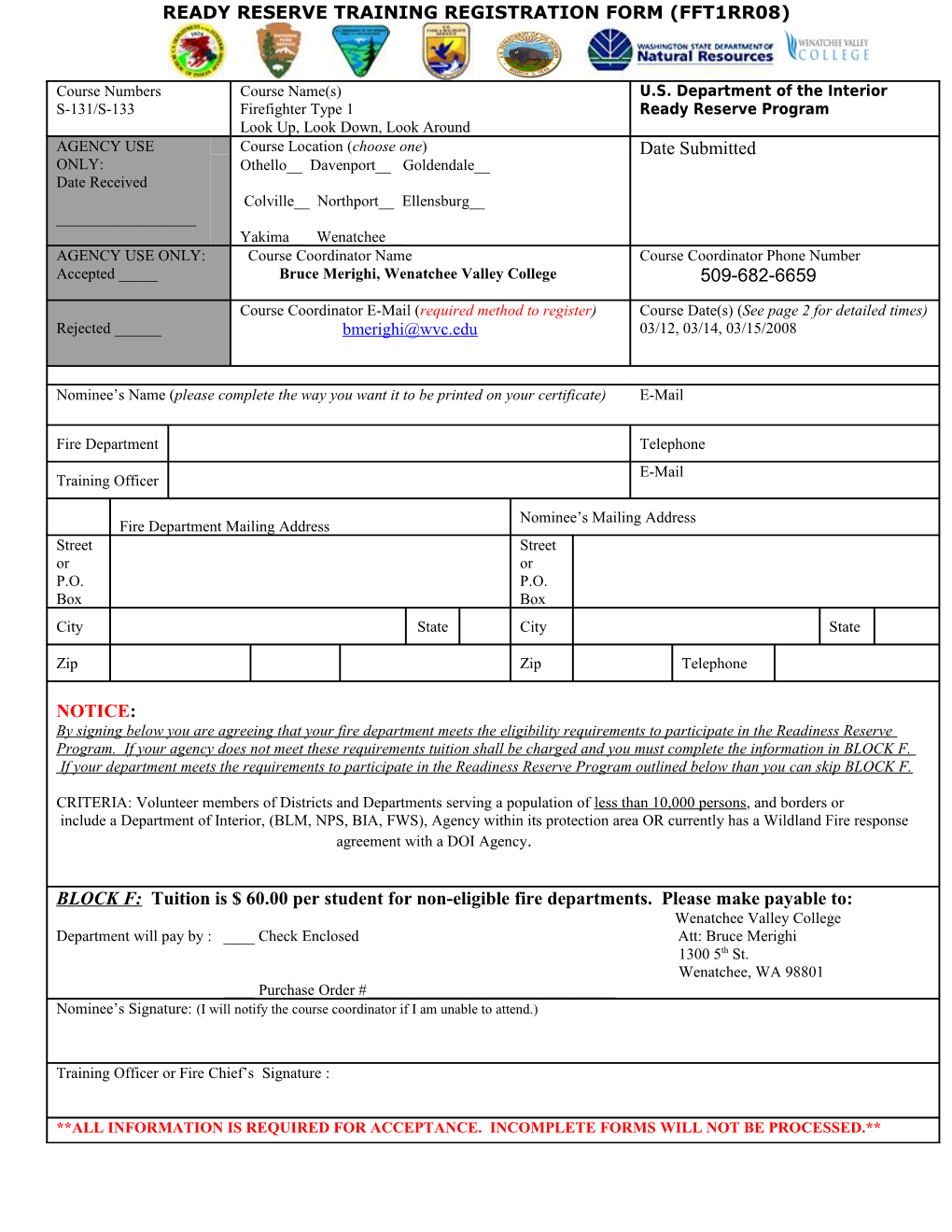 Fire Fighter Type 1 Registration Form