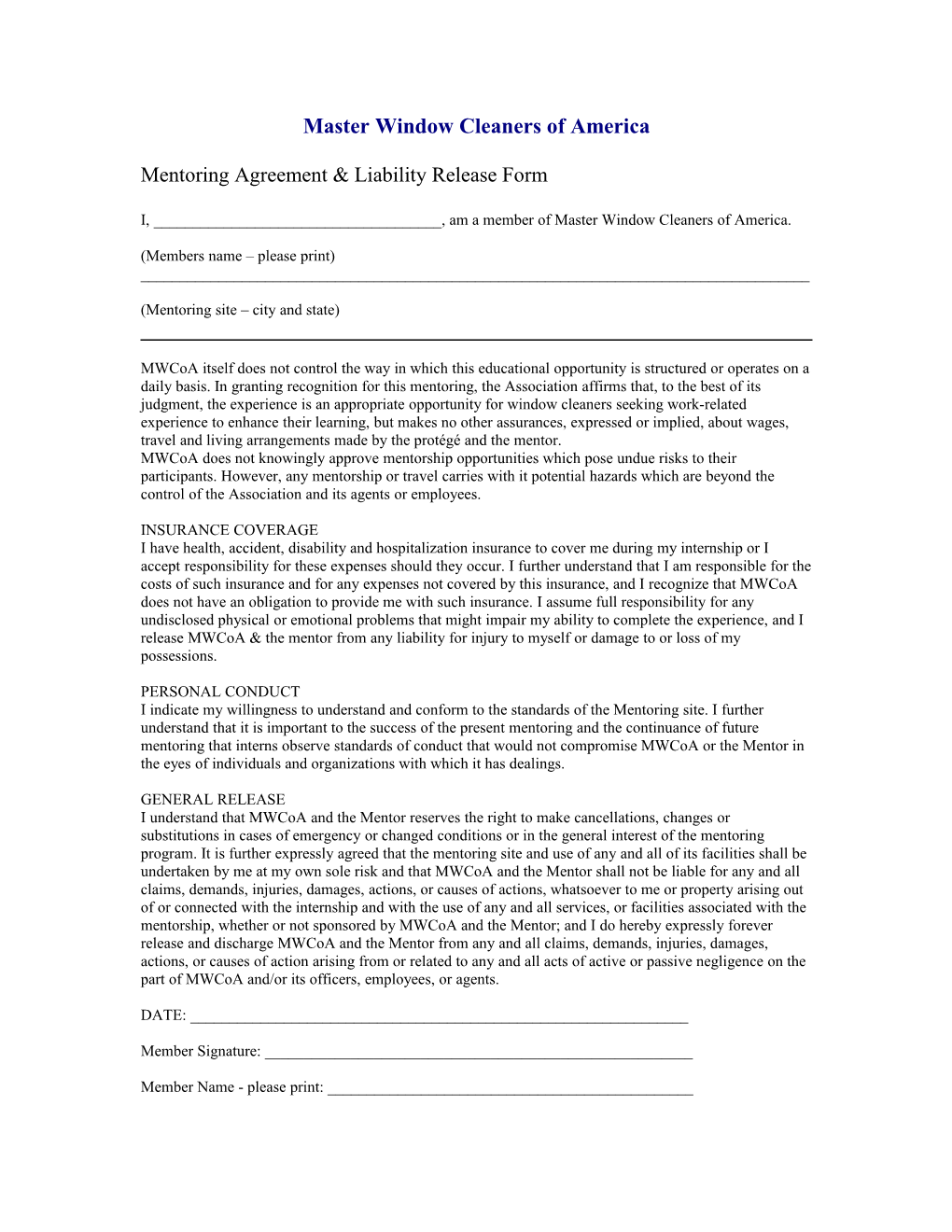 Mentoring Agreement & Liability Release Form