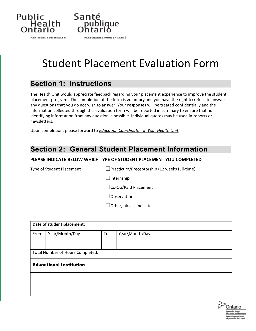 SPEP Resource Library: Student Placement Evaluation Form