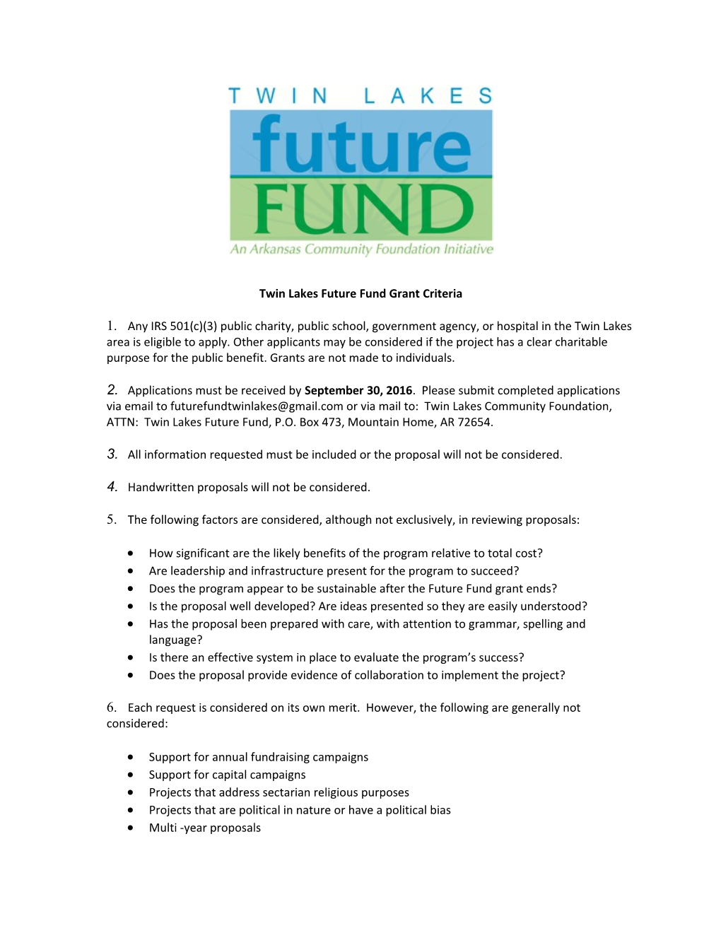 Twin Lakes Future Fund Grant Criteria