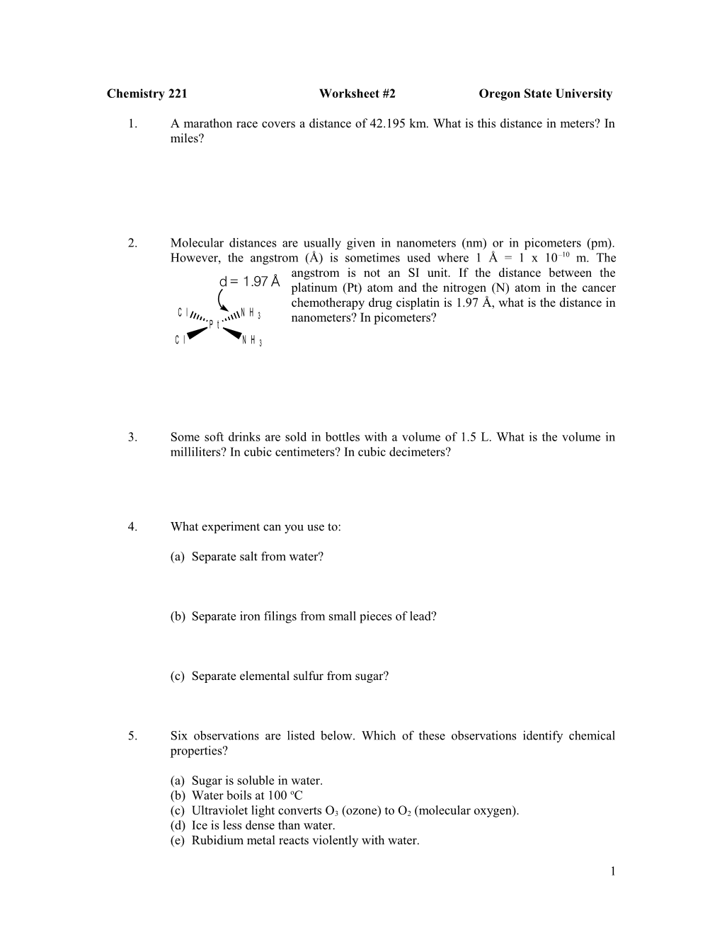 Chemistry 221 Worksheet #2 Oregon State University
