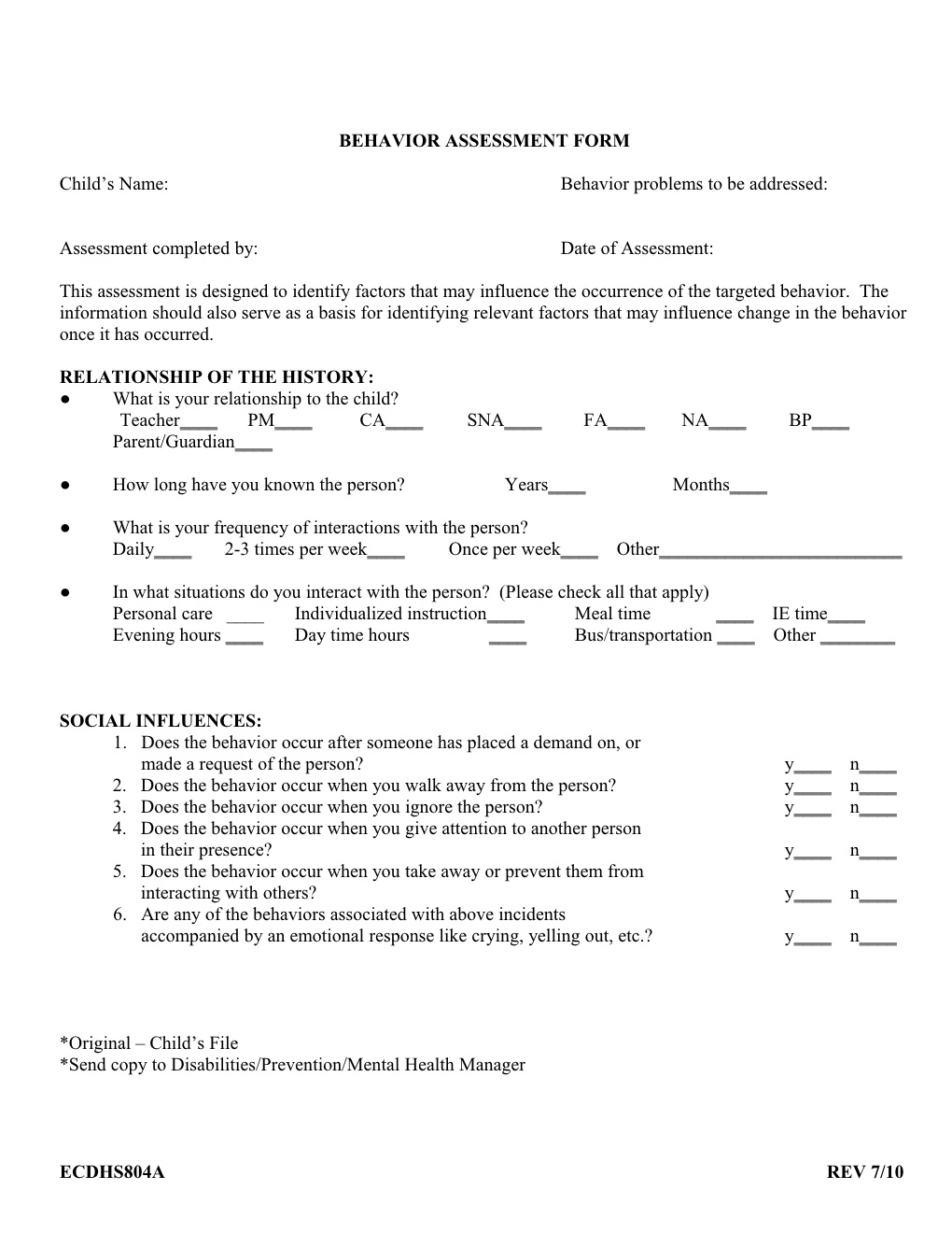 Behavior Assessment Form