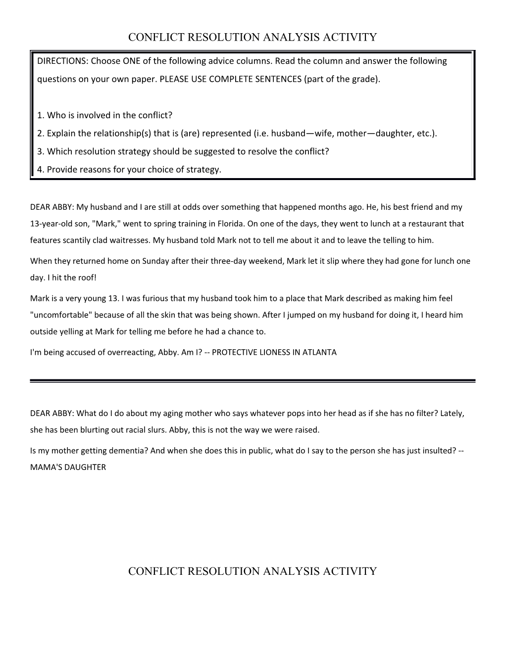 Conflict Resolution Analysis Activity