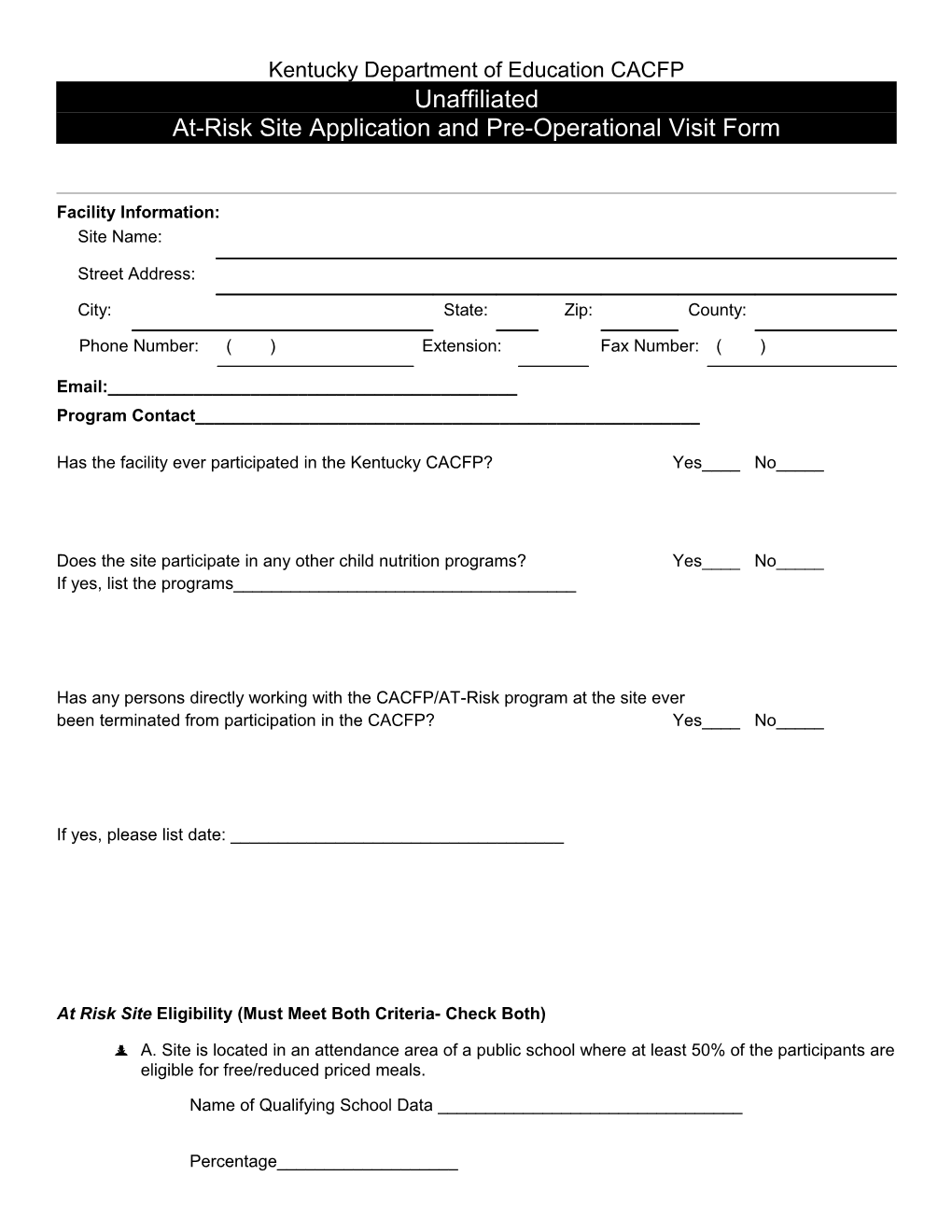 At-Risk Site Application and Pre-Operational Visit Form