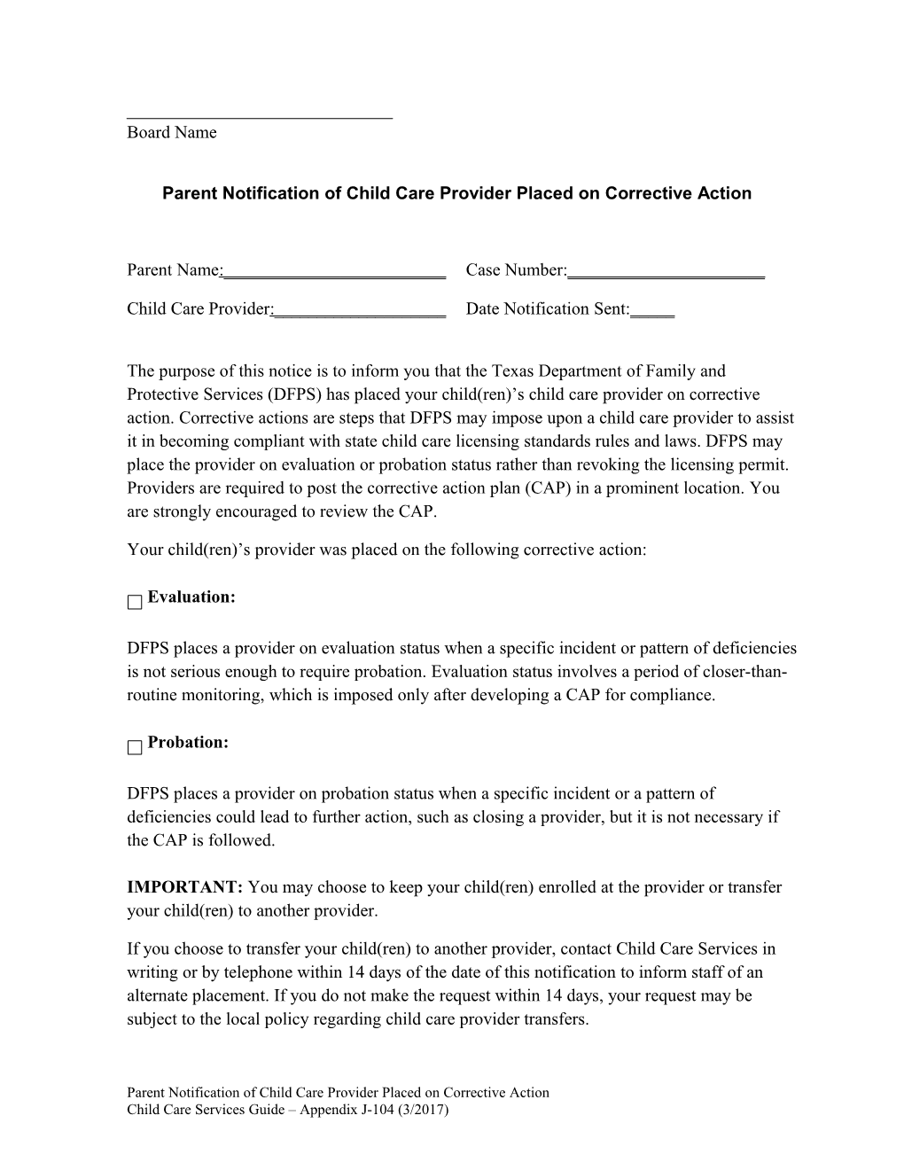 Parent Notification of Child Care Provider Placed on Corrective Action