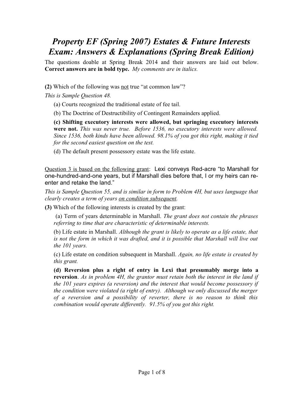 Property EF (Spring 2007) Estates & Future Interests Exam: Answers & Explanations (Spring