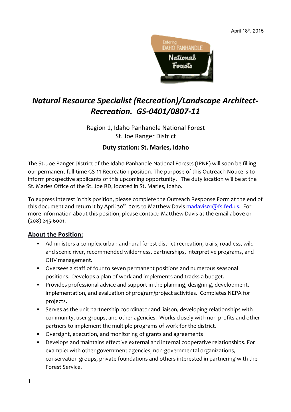 Natural Resource Specialist (Recreation)/Landscape Architect-Recreation. GS-0401/0807-11