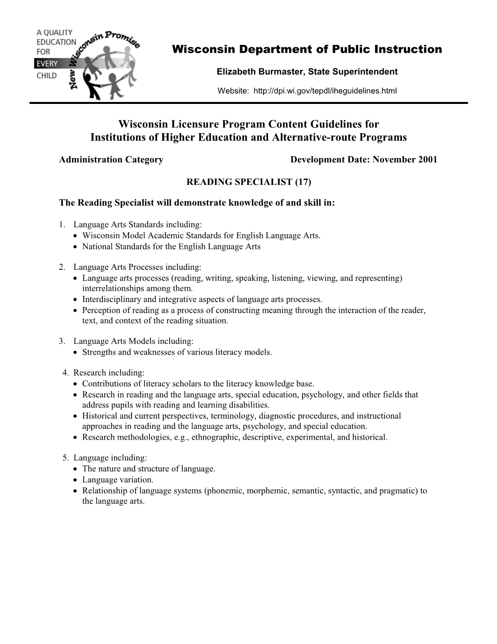 Licensure Program Guidelines for Wisconsin Institutions of Higher Education and Alternative s2