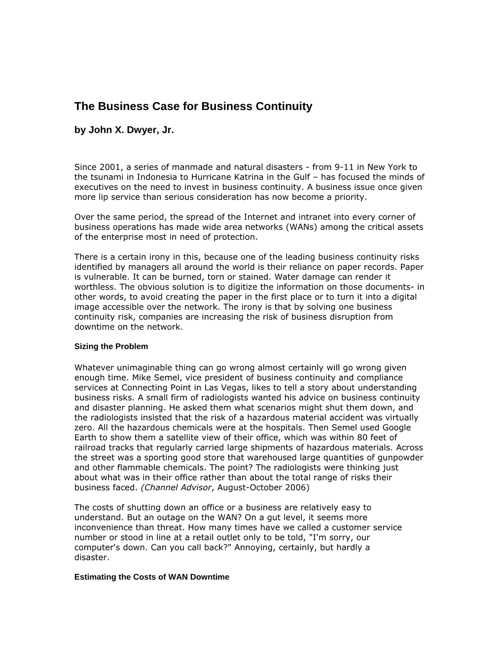 The Business Case for Business Continuity