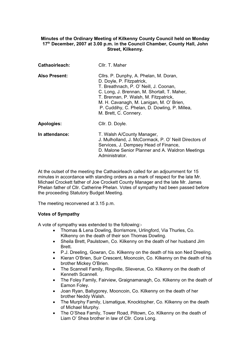 Minutes of the Ordinary Meeting of Kilkenny County Council Held on Tuesday 20Th November