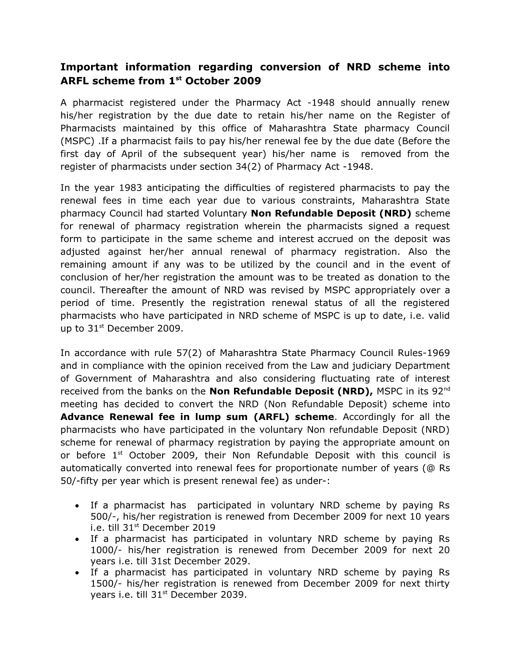 Important Information Regarding Conversion of NRD Scheme Into ARFL Scheme from 1St October