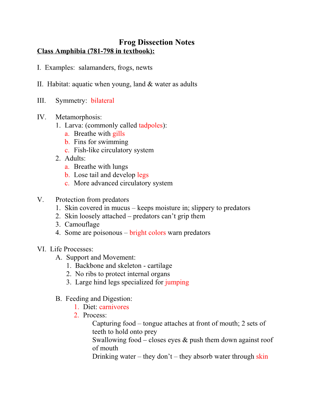 Frog Dissection Notes