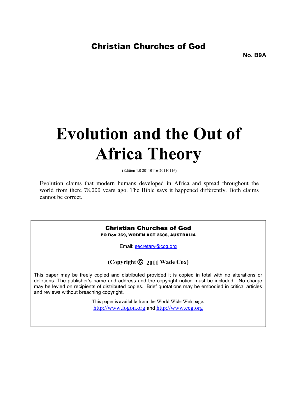 Evolution and the out of Africa Theory (No. B9A)
