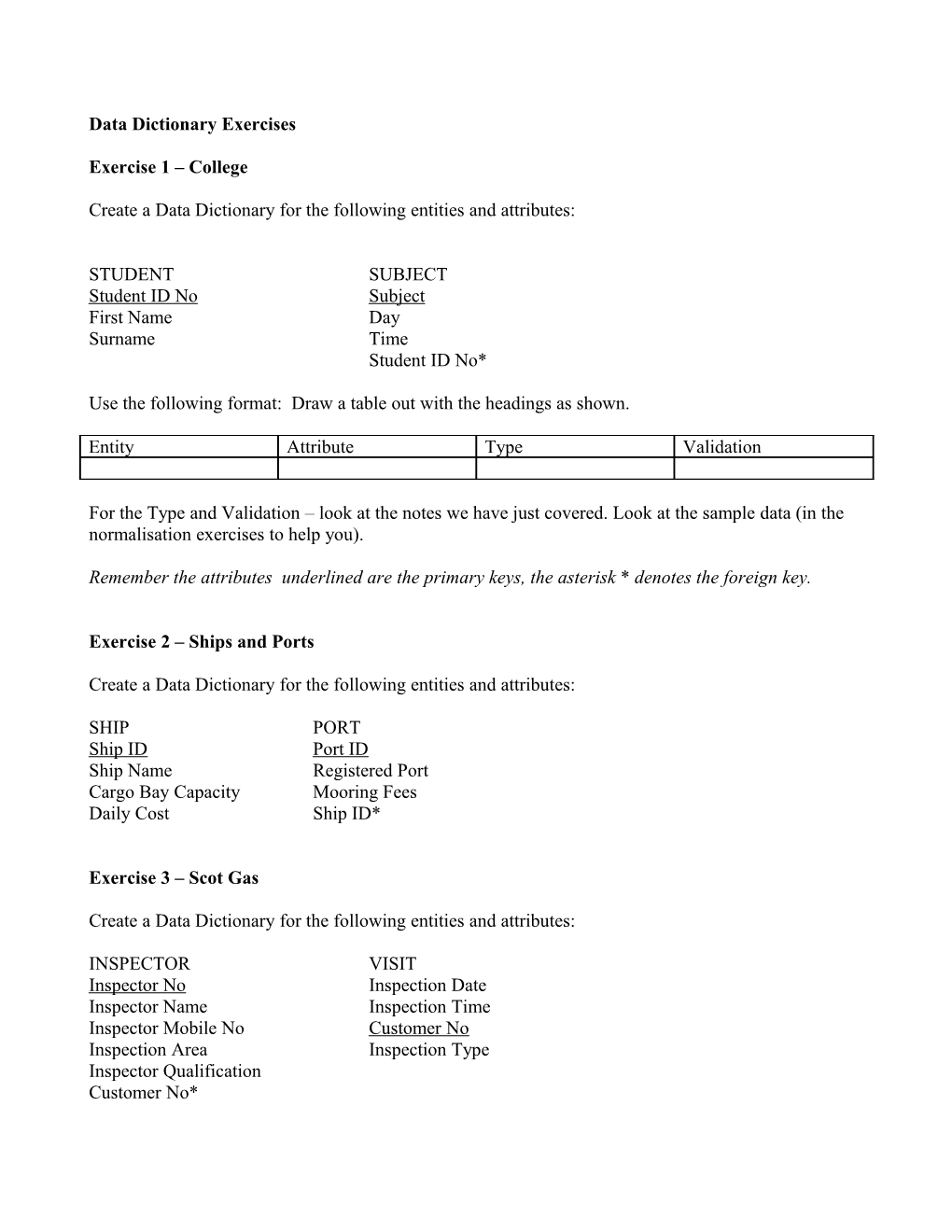 Data Dictionary Exercise 1 College
