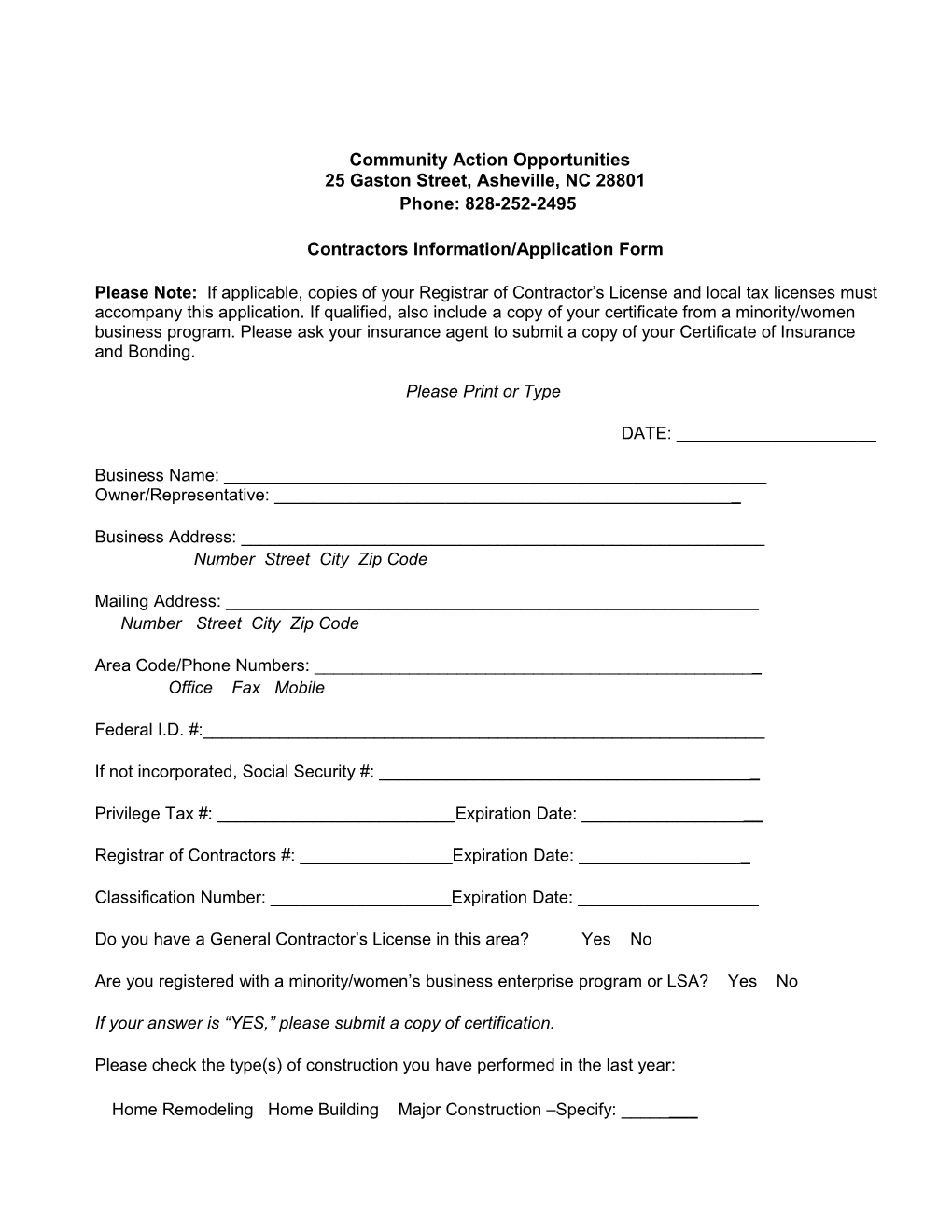 Contractors Information/Application Form