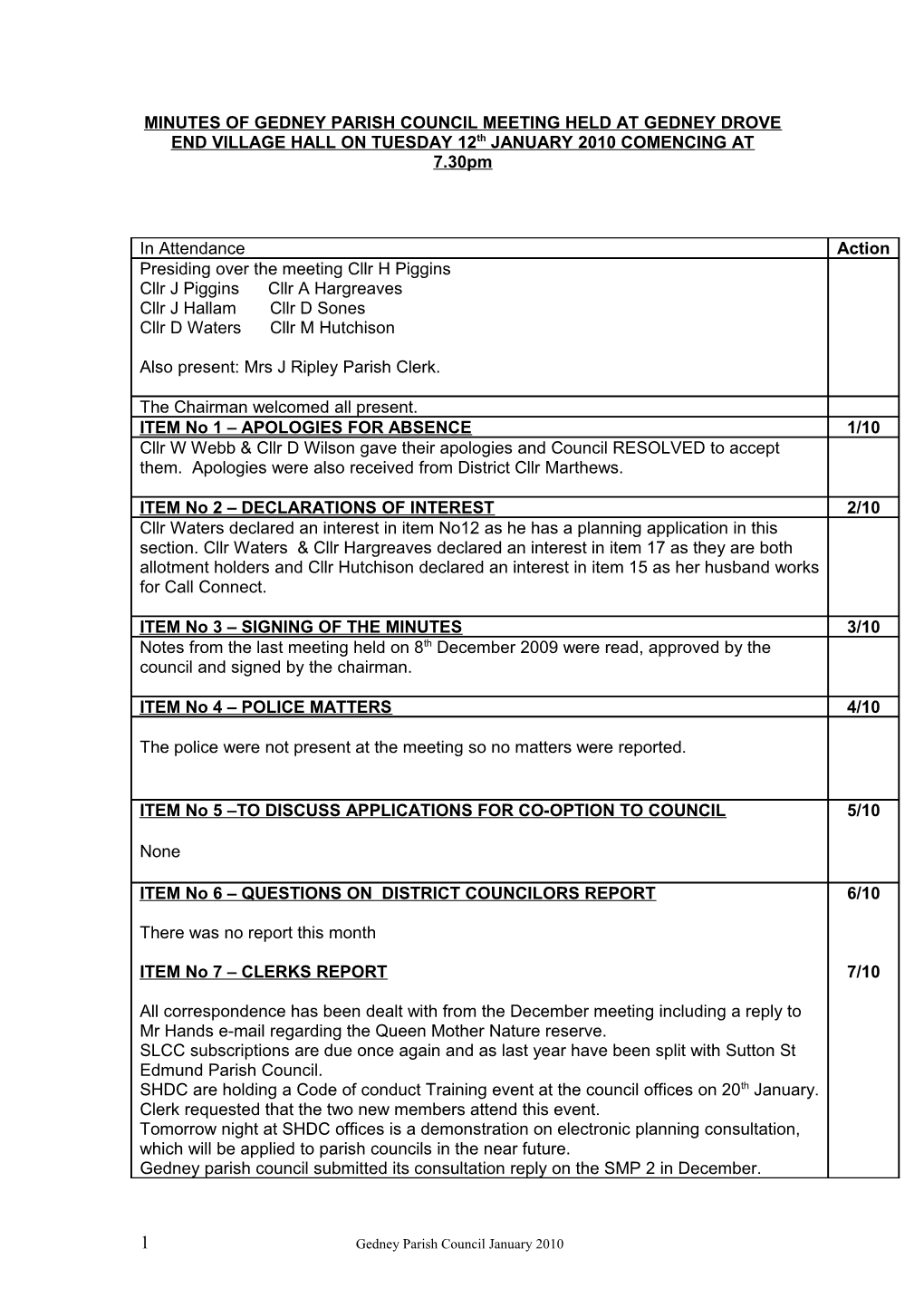 Minutes of Gedney Parish Council Meeting Held at Gedney Drove End Village Hall on Tuesday