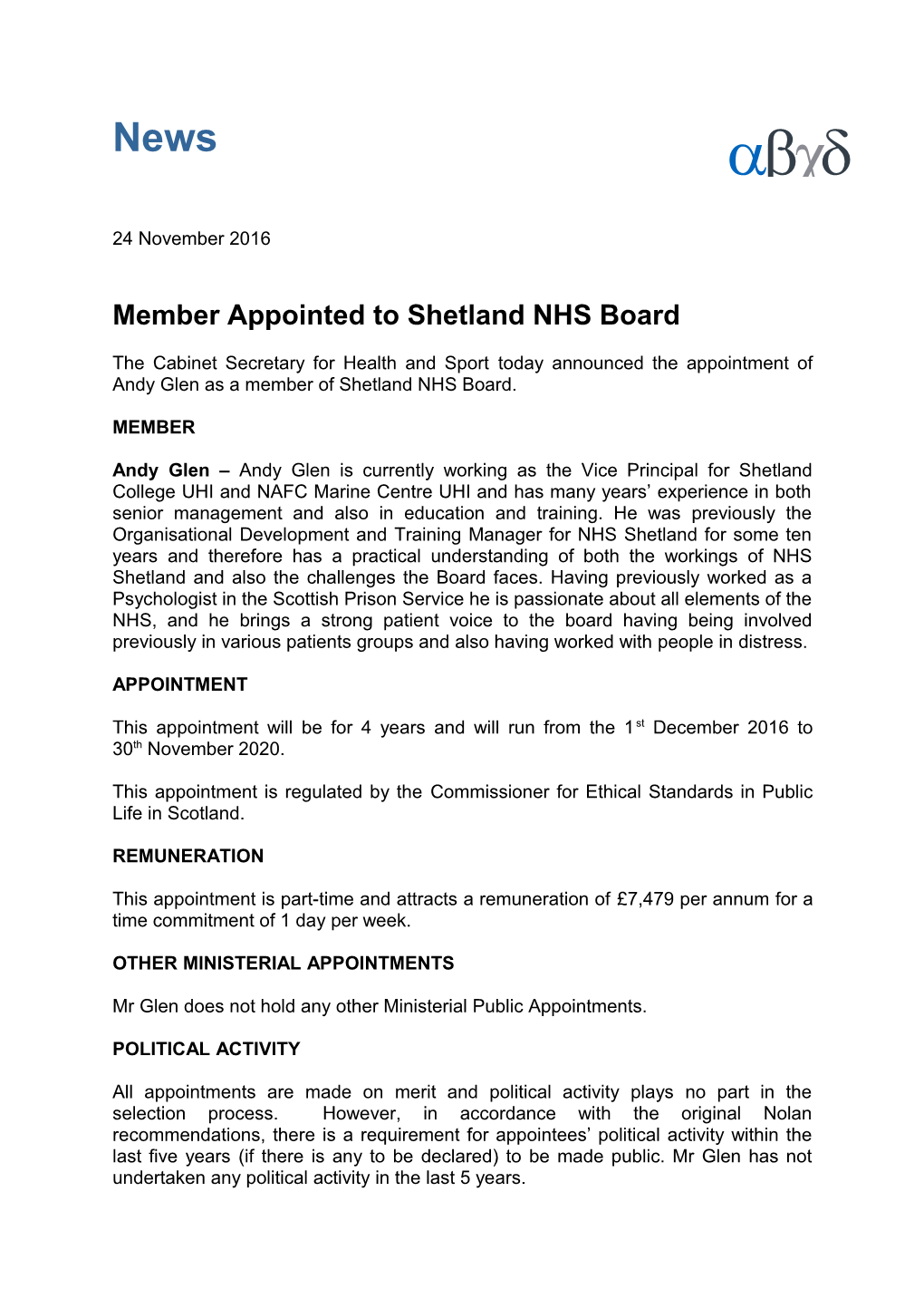 Member Appointed to Shetland NHS Board